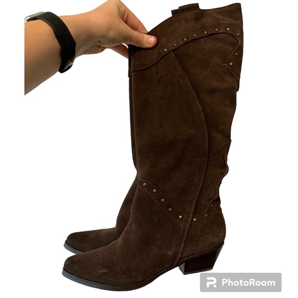 Reba Mae Boots Womens 6.5 M Brown Suede Leather Boho‎ Cowgirl Calf Neutral Studs - Picture 1 of 11